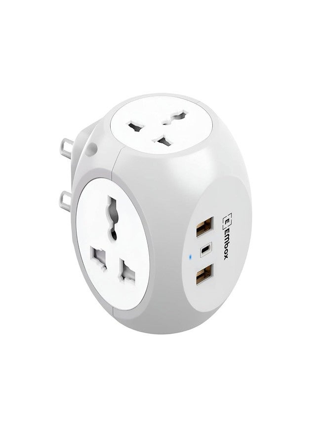 EMBOX محول متعدد المنافذ من إمبوكس مزود بمنافذ USB من النوع C (QC 3.0) ومقابس عالمية ومؤشر LED، وغطاء أمان، ووصلة تمديد مقبس ثلاثي الأطراف، رمادي - Image 1